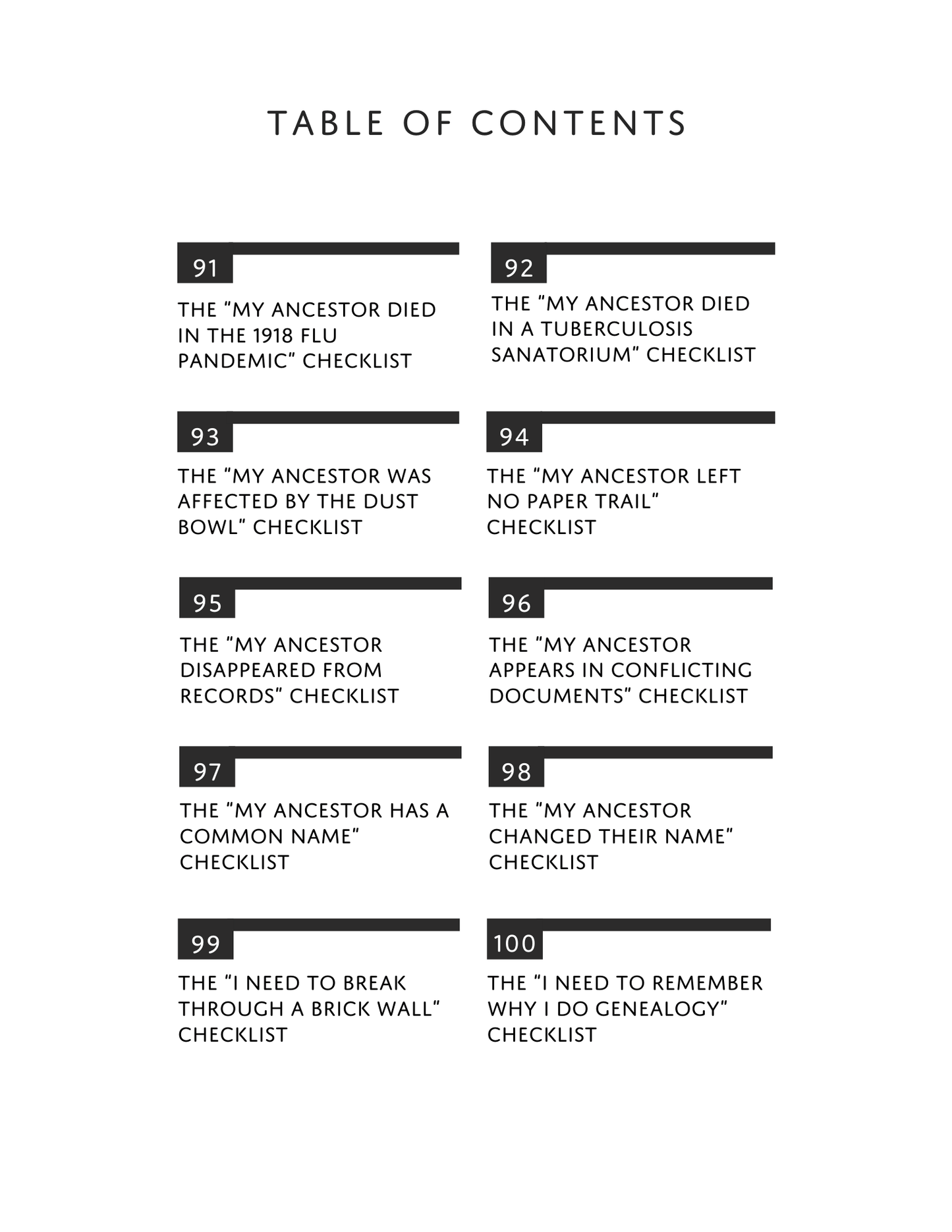 Book: 100 Genealogy Checklists for Family Historians (Digital Download)