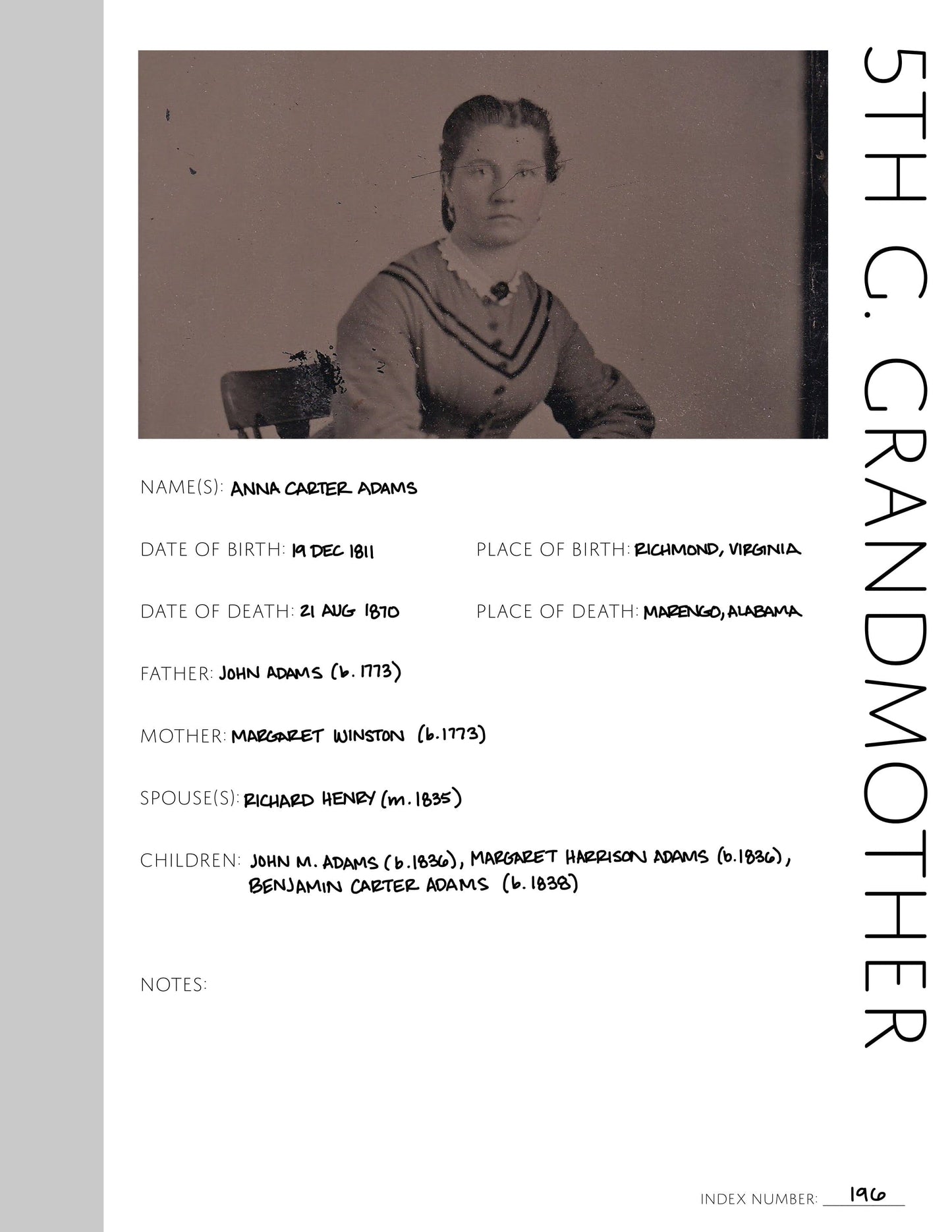 5th Great Grandmother Profile: Printable Genealogy Form (Digital Download)