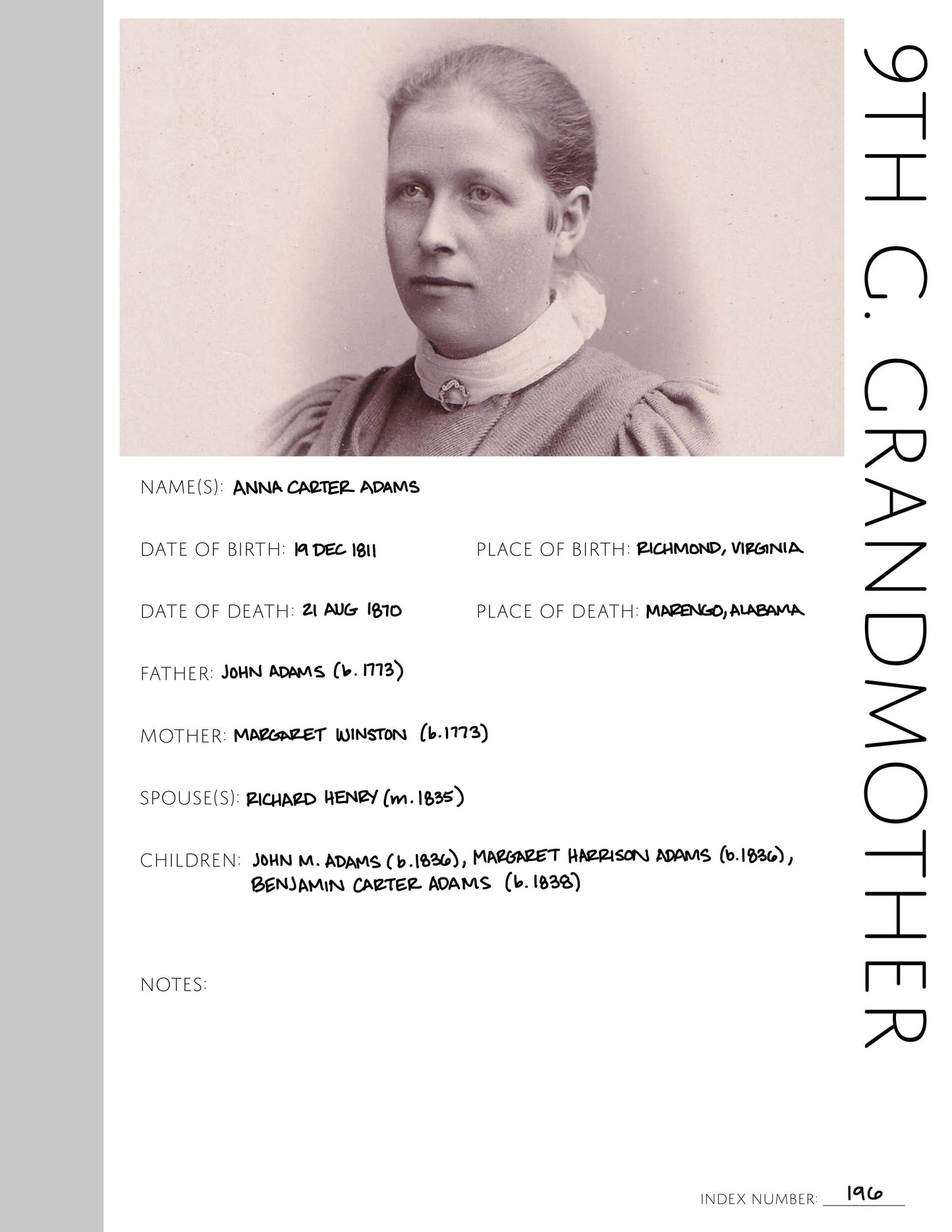 9th Great Grandmother Profile: Printable Genealogy Form (Digital Download)