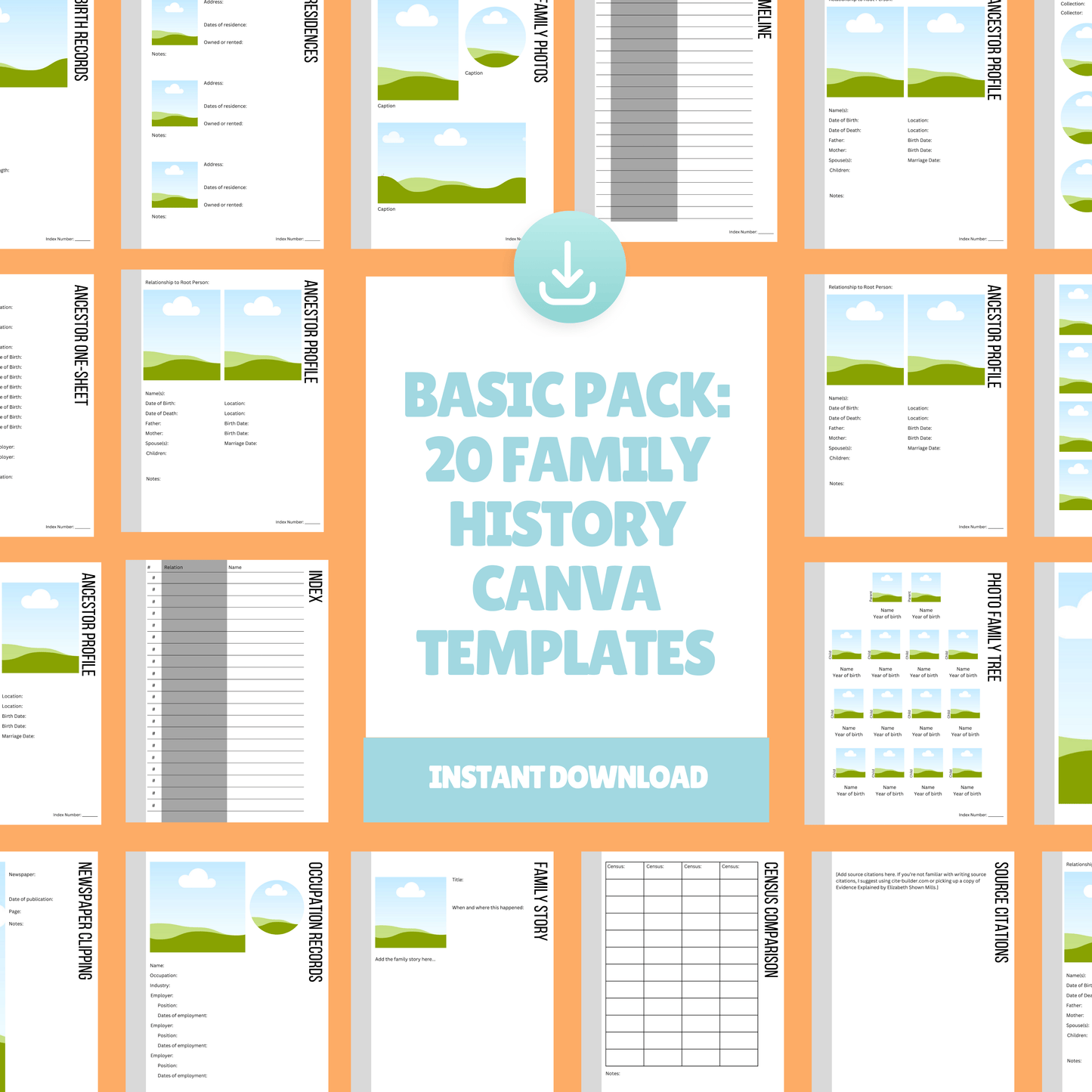 Basic Pack - 20 Family History Templates for Canva