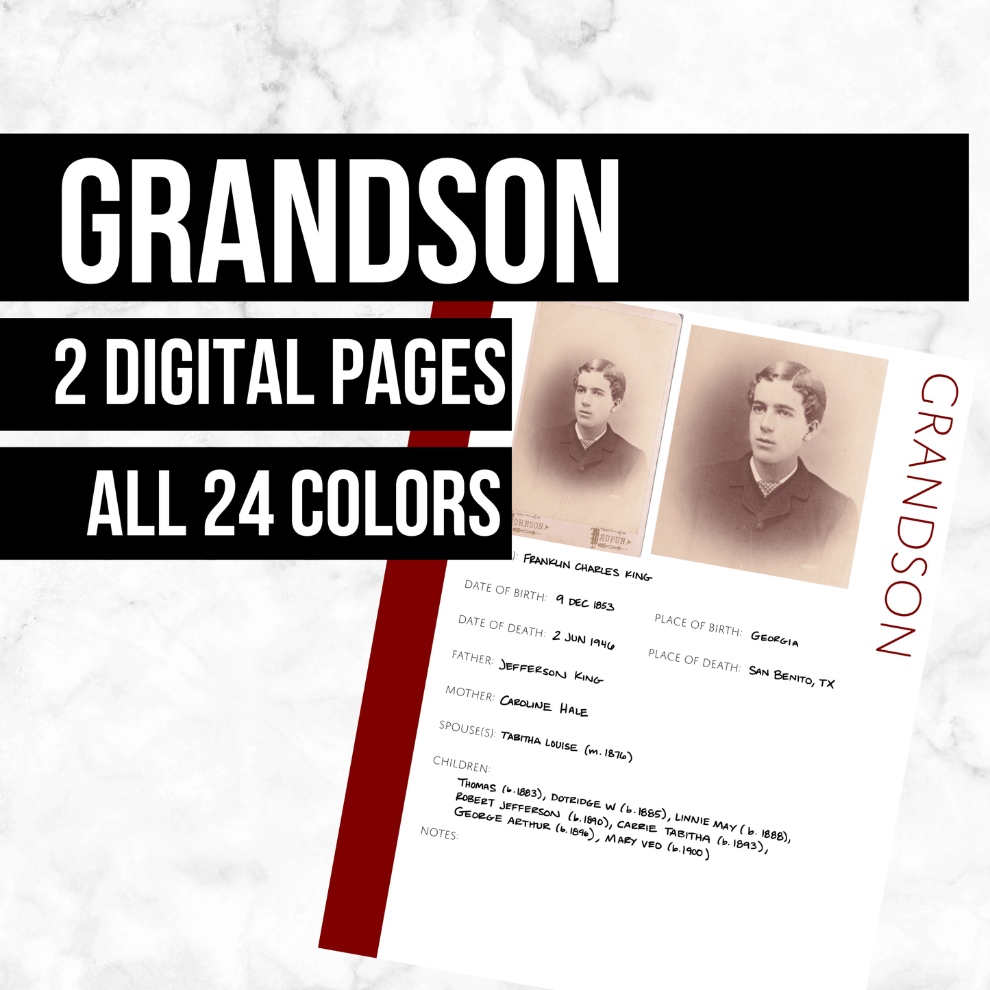 Grandson Profile: Printable Genealogy Page (Digital Download)