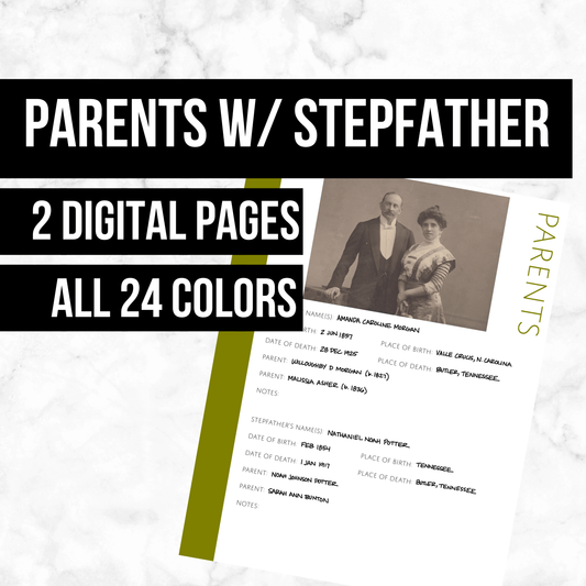 Parents Page with Stepfather: Printable Genealogy Form (Digital Download)