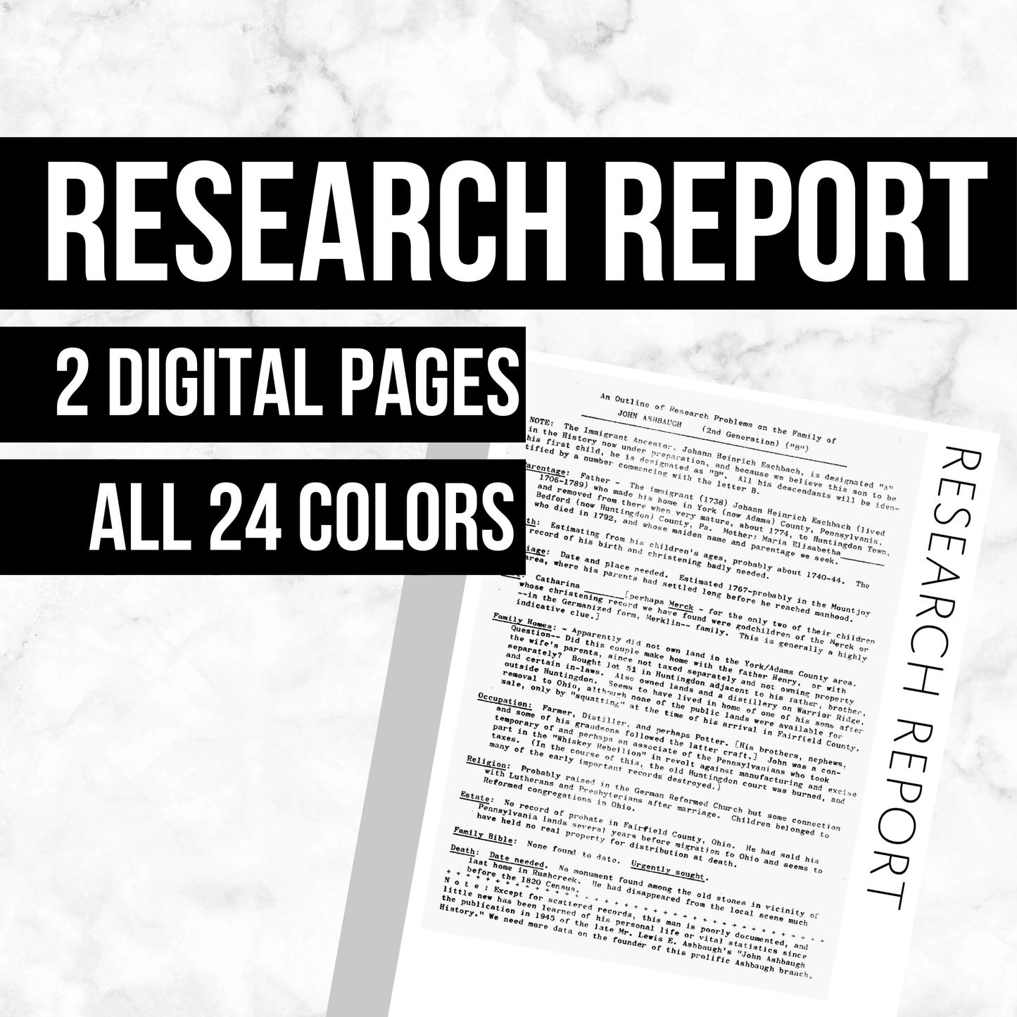 Research Report: Printable Genealogy Form (Digital Download)