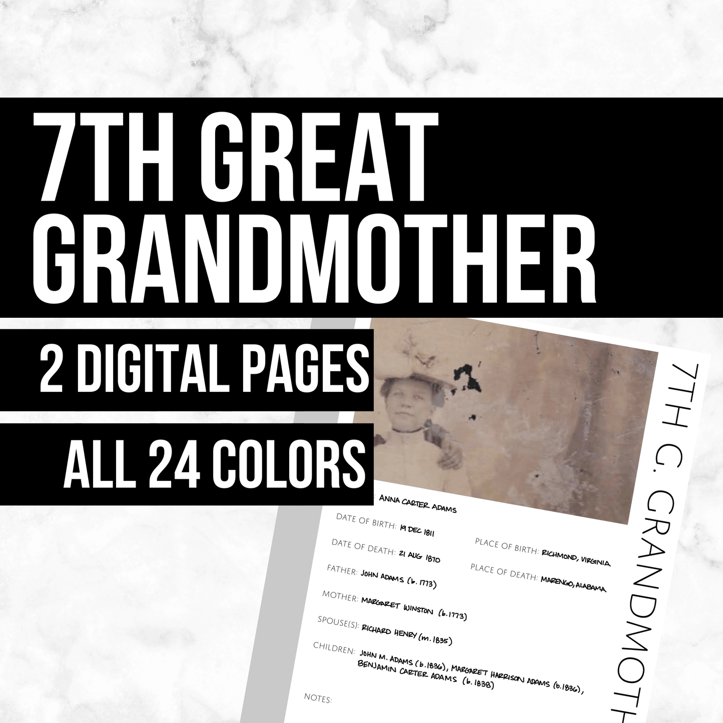 7th Great Grandmother Profile: Printable Genealogy Form (Digital Download)