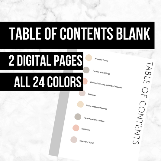 Table of Contents (Blank): Printable Genealogy Form (Digital Download)