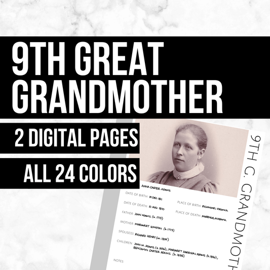 9th Great Grandmother Profile: Printable Genealogy Form (Digital Download)