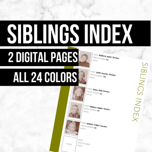 Siblings Index Page: Printable Family History Form for Genealogy (Digital Download)
