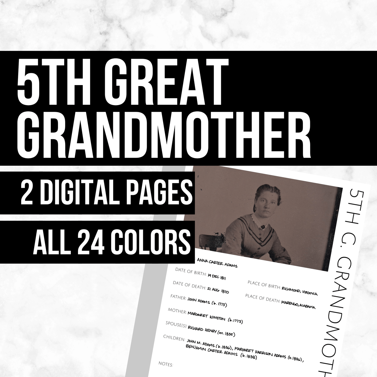 5th Great Grandmother Profile: Printable Genealogy Form (Digital Download)