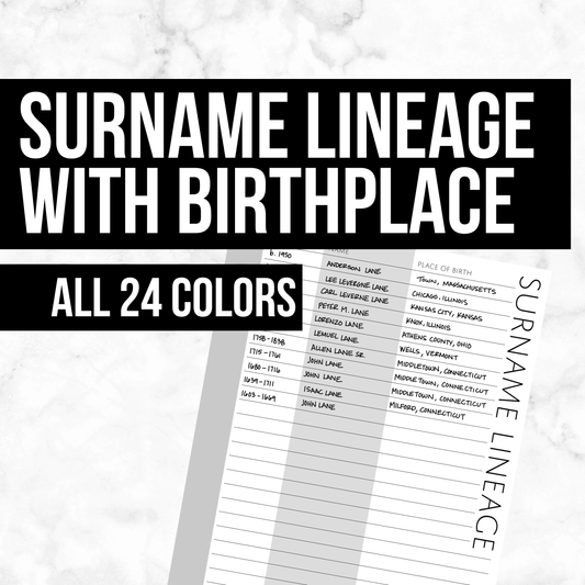 Surname Lineage with Birthplace: Printable Genealogy Forms (Digital Download)