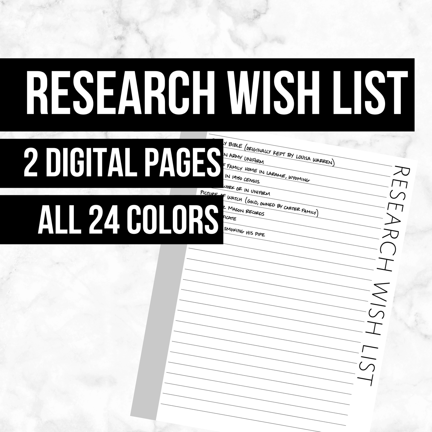 Research Wish List: Printable Genealogy Form (Digital Download)