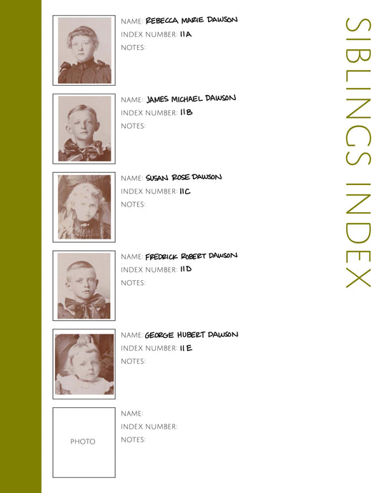 Siblings Index Page: Printable Family History Form for Genealogy (Digital Download)