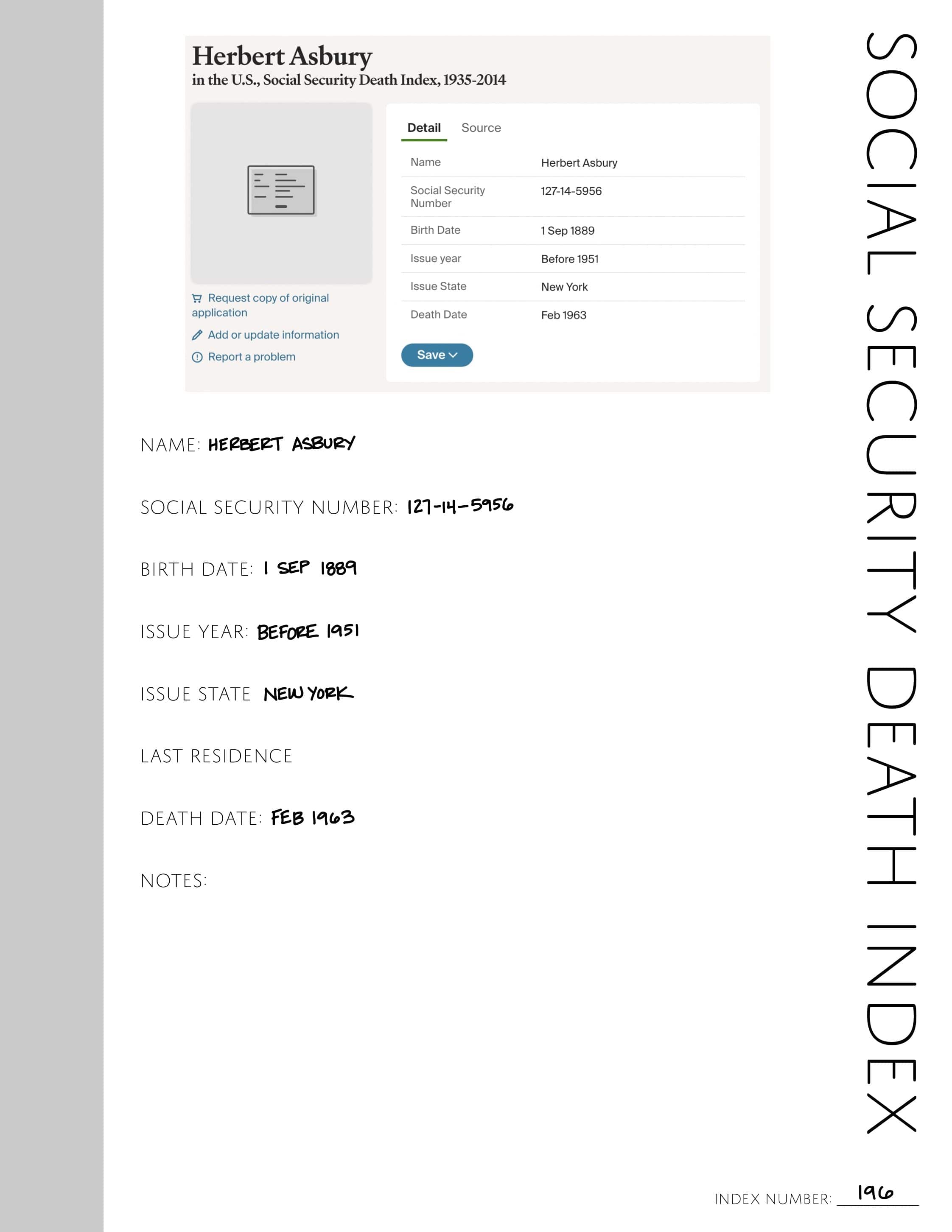 Social Security Death Index: Printable Genealogy Form (Digital Downloa ...