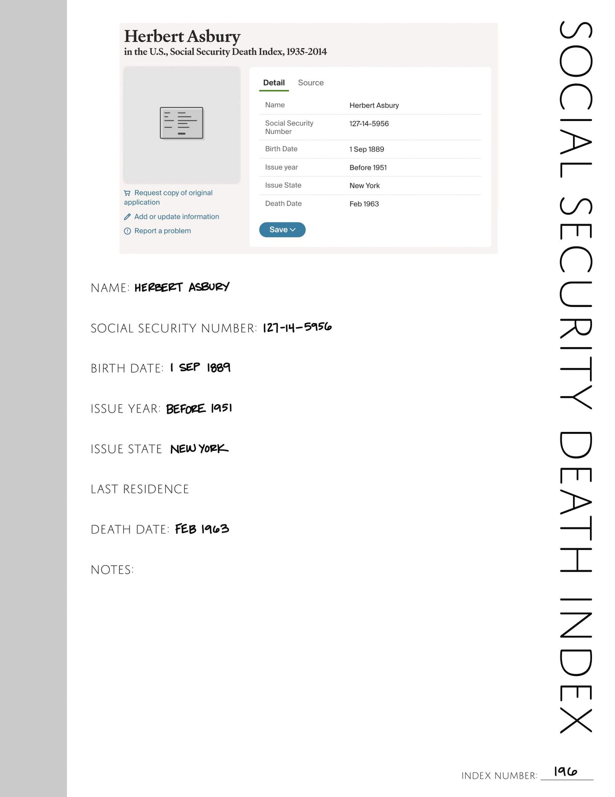 Social Security Death Index Printable Genealogy Form (Digital Downloa