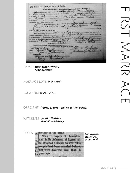 1st Marriage Records Page: Printable Genealogy Form (Digital Download)