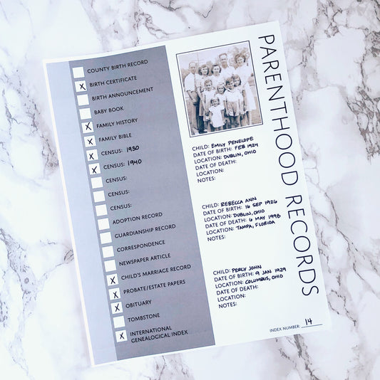 Parenthood Records: Printable Genealogy Worksheet (Digital Download)