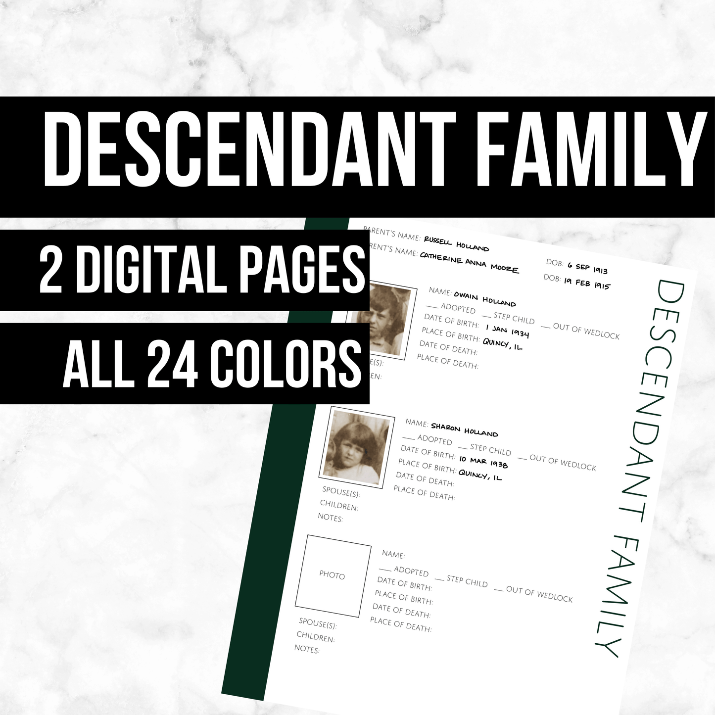 Descendant Family: Printable Genealogy Page (Digital Download)