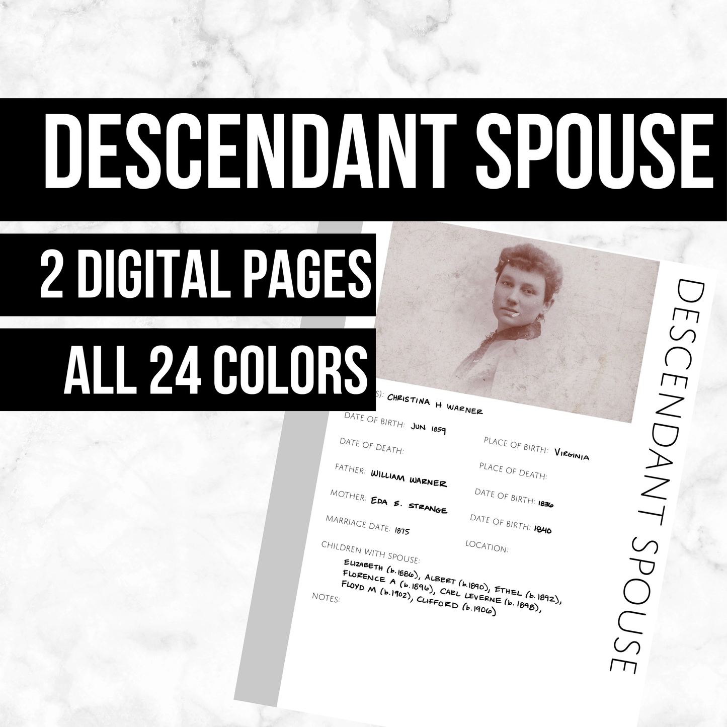 Descendant Spouse: Printable Genealogy Page (Digital Download)