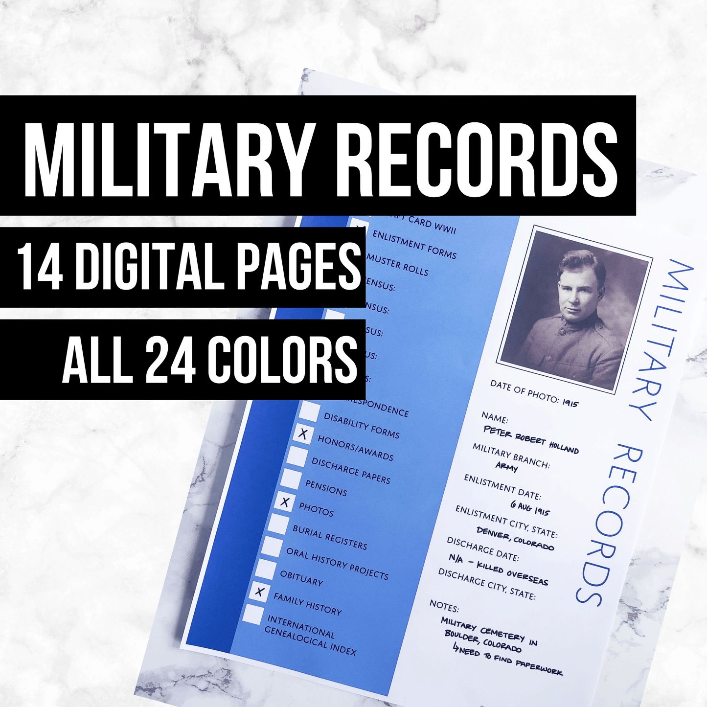 Military Records Bundle: Printable Genealogy Form for Family History Binder (Digital Download)