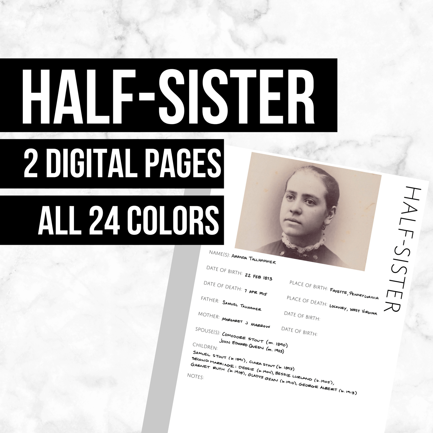 Half-Sister Profile: Printable Genealogy Form (Digital Download)