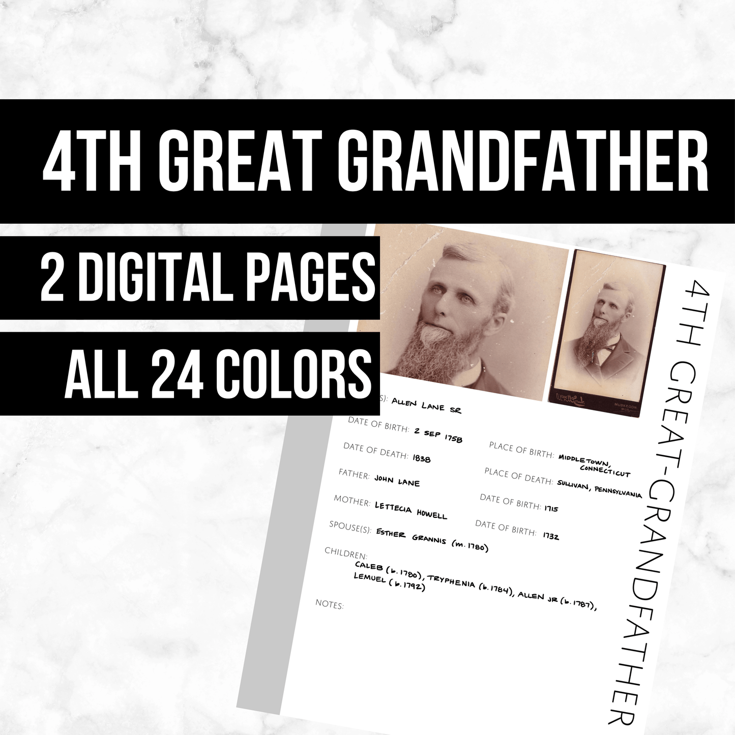 4th Great-Grandfather: Printable Genealogy Page (Digital Download)