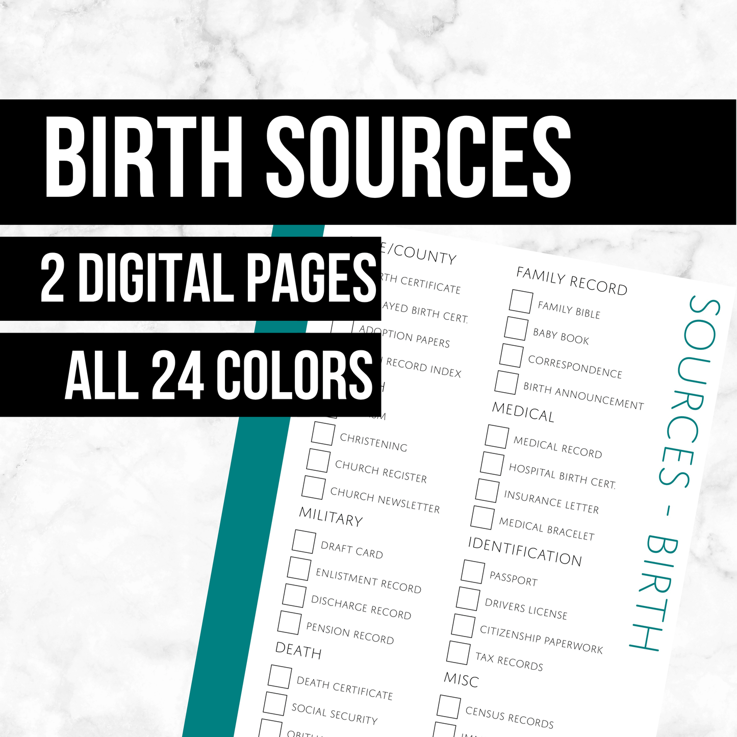 Birth Sources Checklist: Printable Genealogy Form (Digital Download)