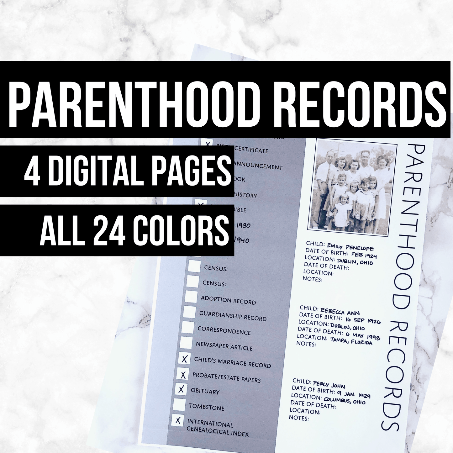 Parenthood Records: Printable Genealogy Worksheet (Digital Download)