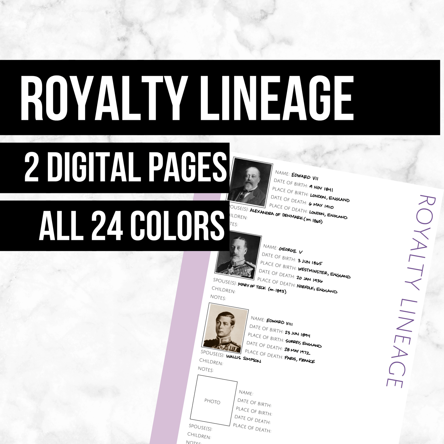 Royalty Lineage Photo Page: Printable Genealogy Form (Digital Download)