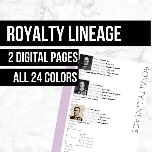 Royalty Lineage Photo Page: Printable Genealogy Form (Digital Download)