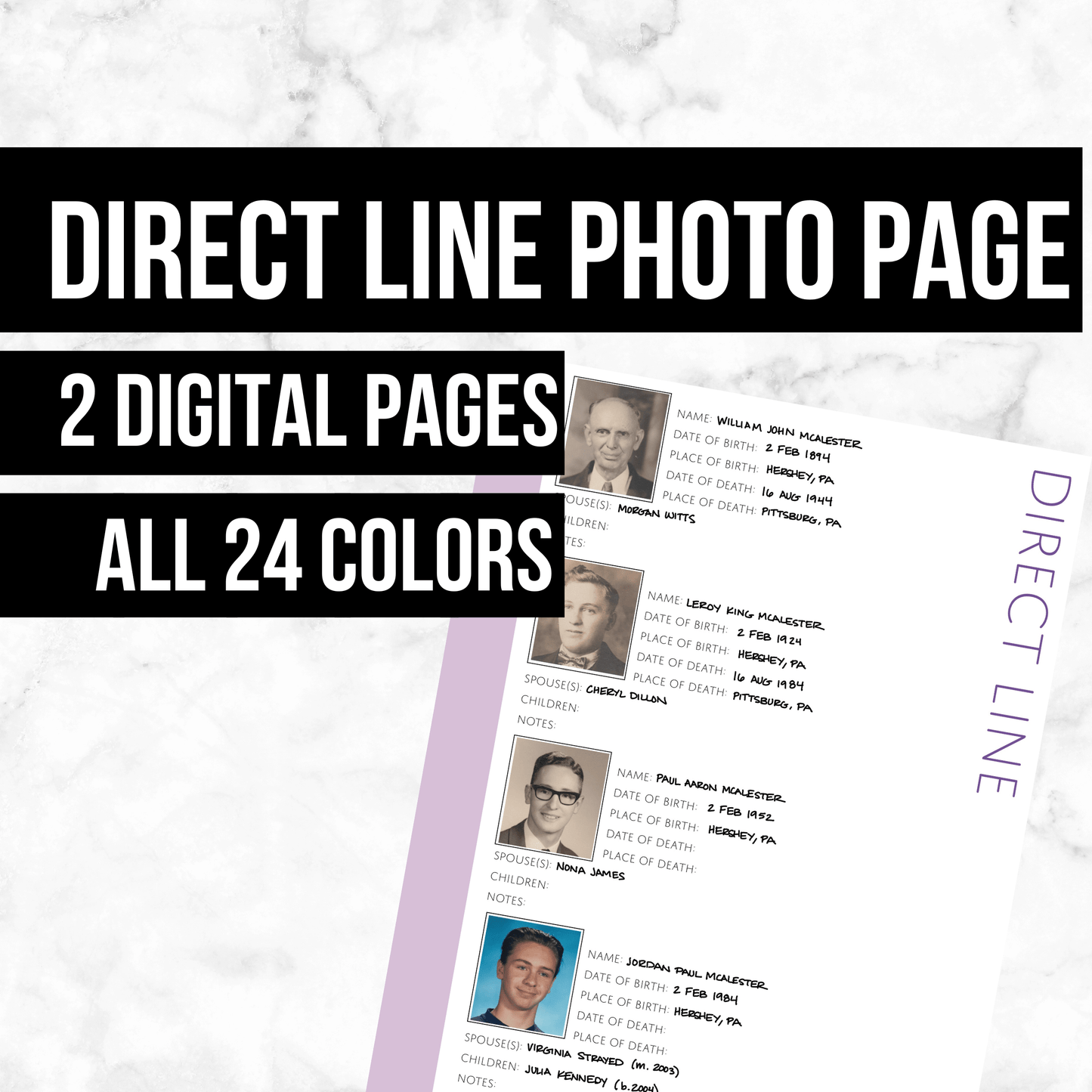 Direct Line Photo Page: Printable Genealogy Form (Digital Download)