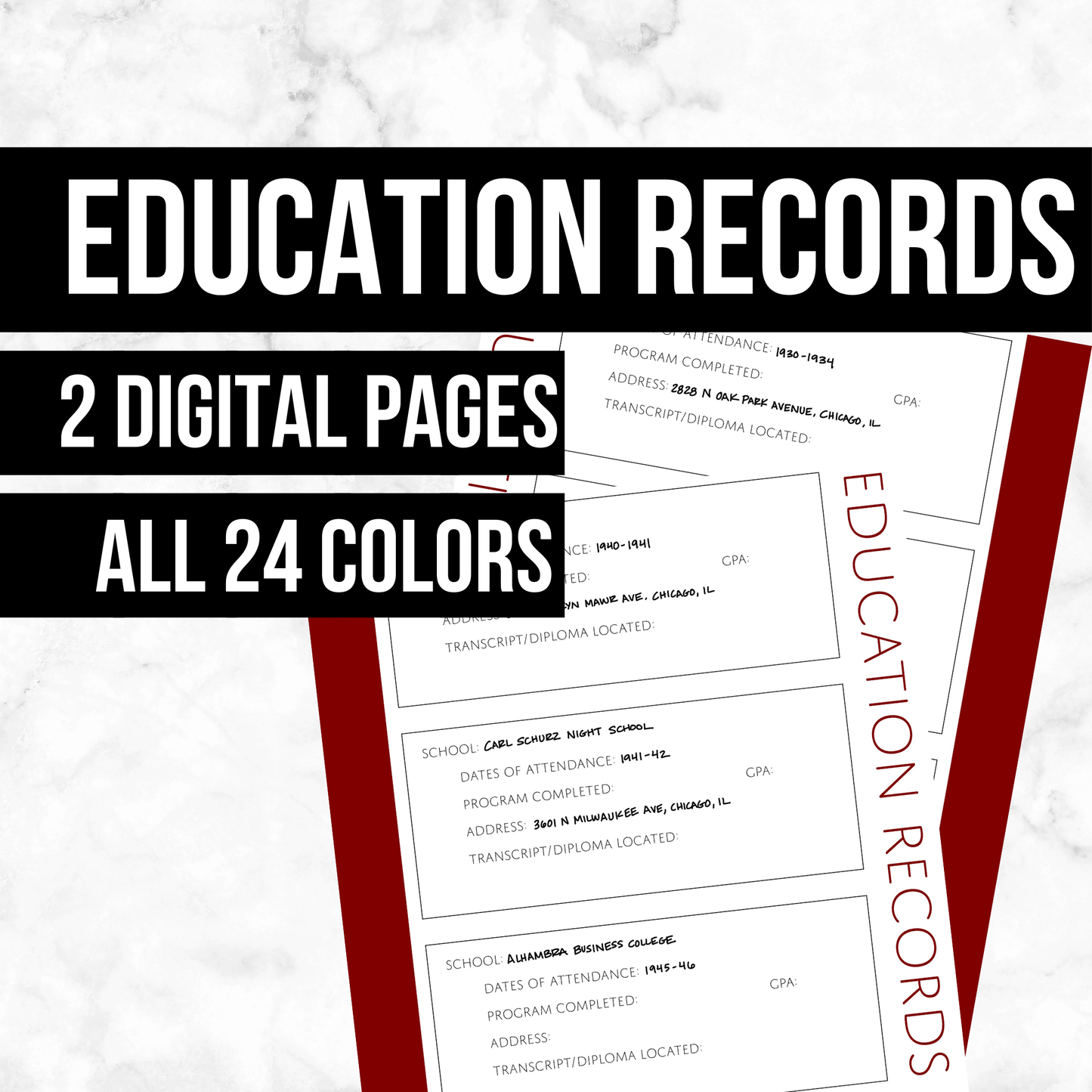 Education Records Page: Printable Genealogy Form (Digital Download)
