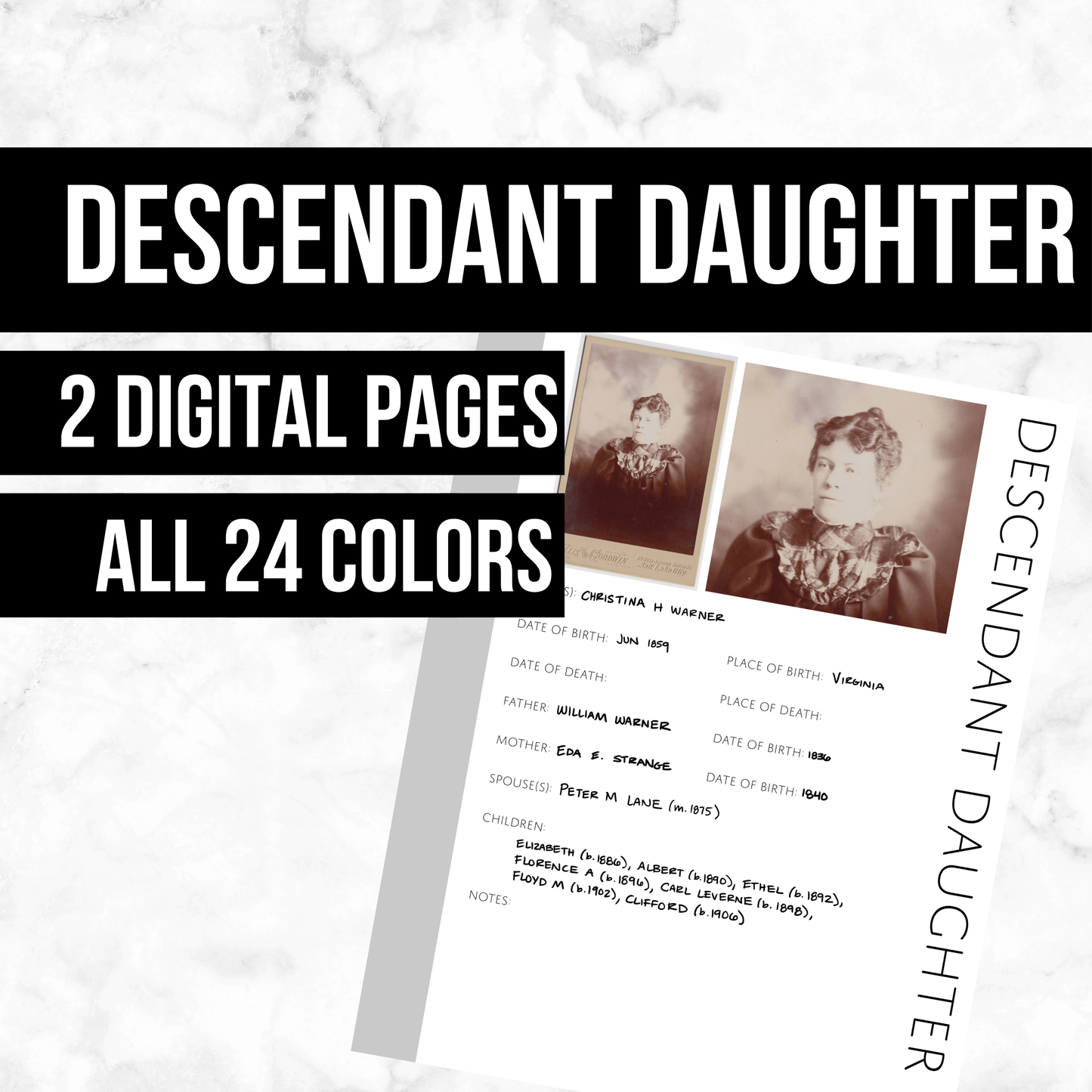 Descendant Daughter: Printable Genealogy Page (Digital Download)