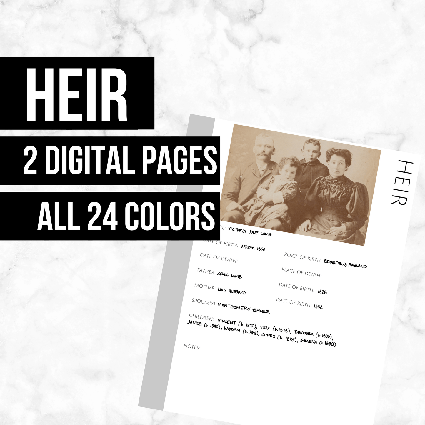 Heir Page: Printable Genealogy Form (Digital Download)