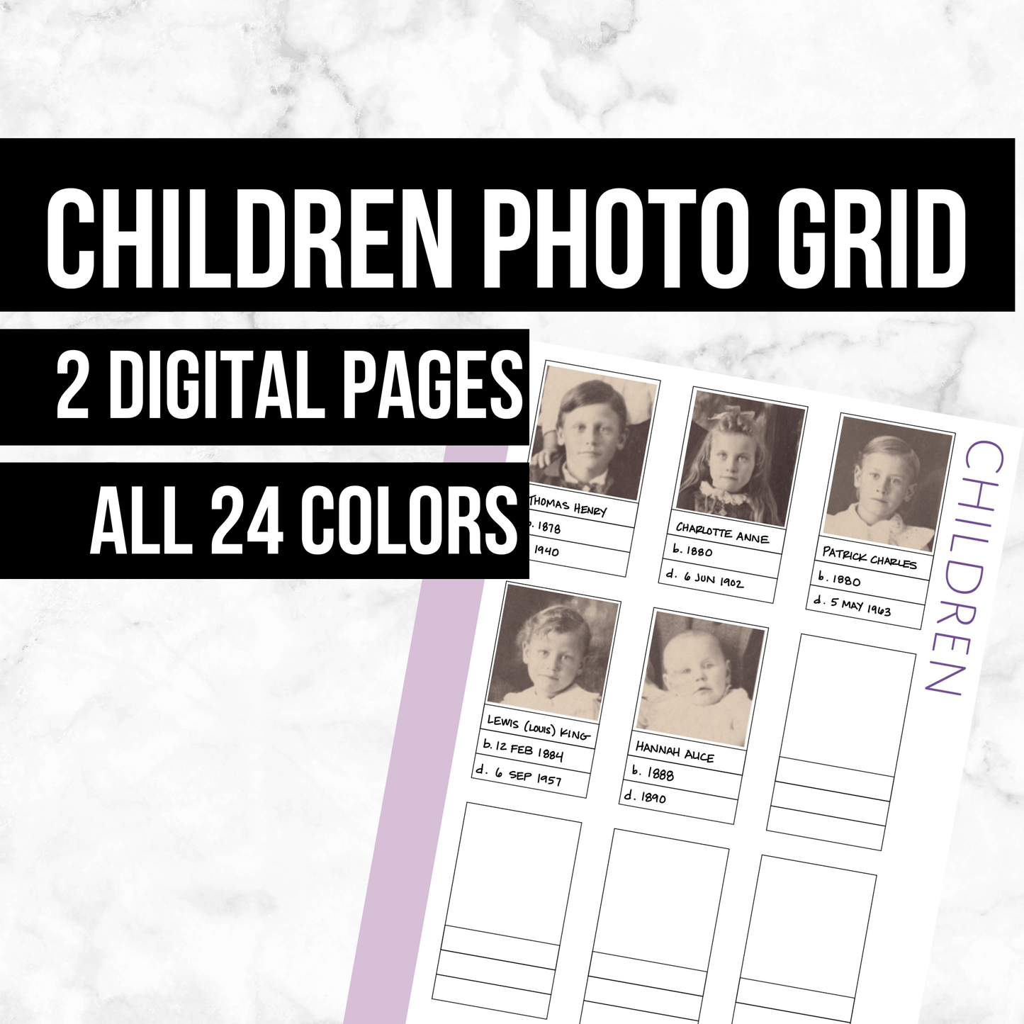 Children Photo Grid Page: Printable Genealogy Form (Digital Download)