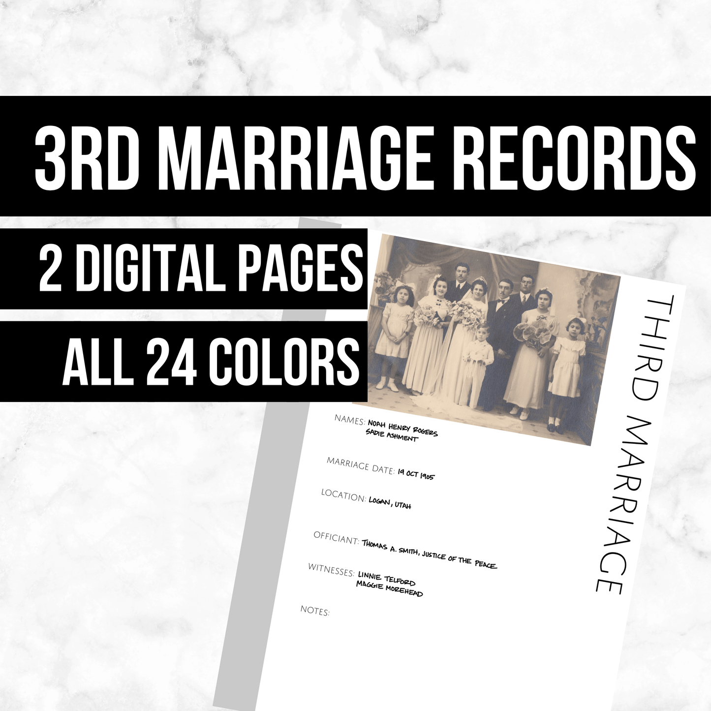3rd Marriage Records Page: Printable Genealogy Form (Digital Download)