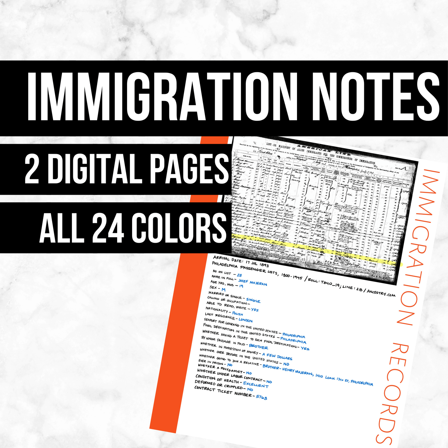 Immigration Notes Page: Printable Genealogy Form (Digital Download)