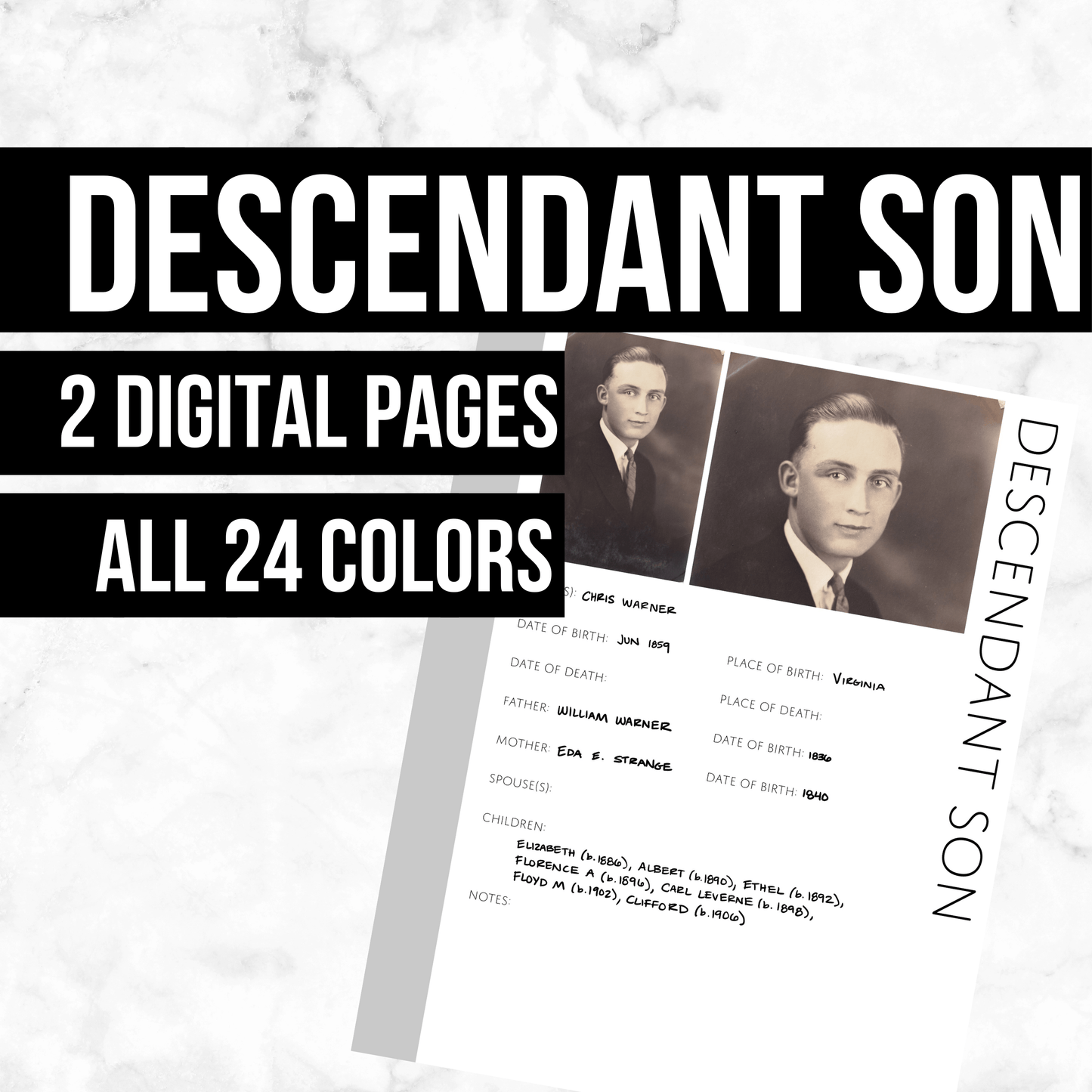 Descendant Son: Printable Genealogy Page (Digital Download)