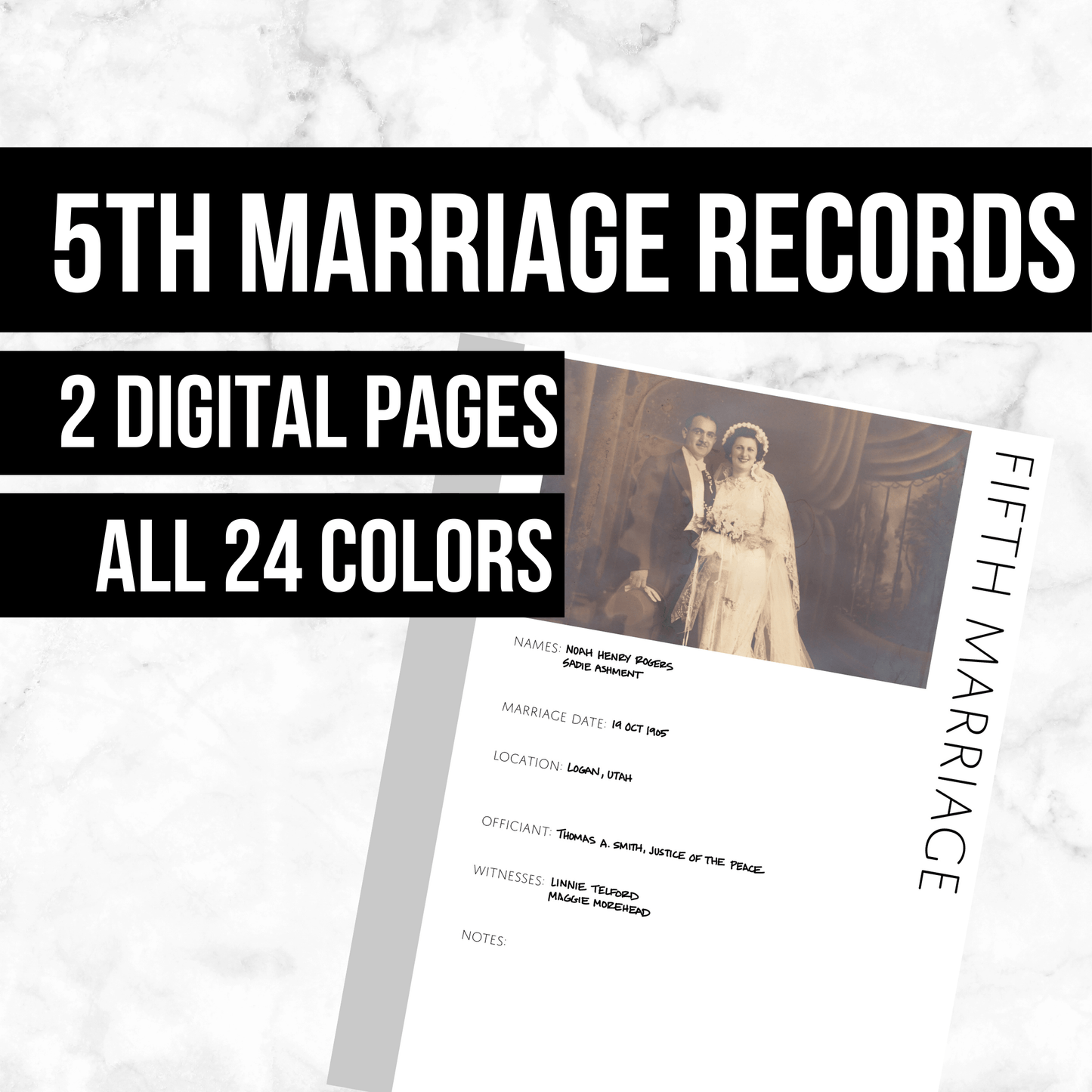 5th Marriage Records Page: Printable Genealogy Form (Digital Download)