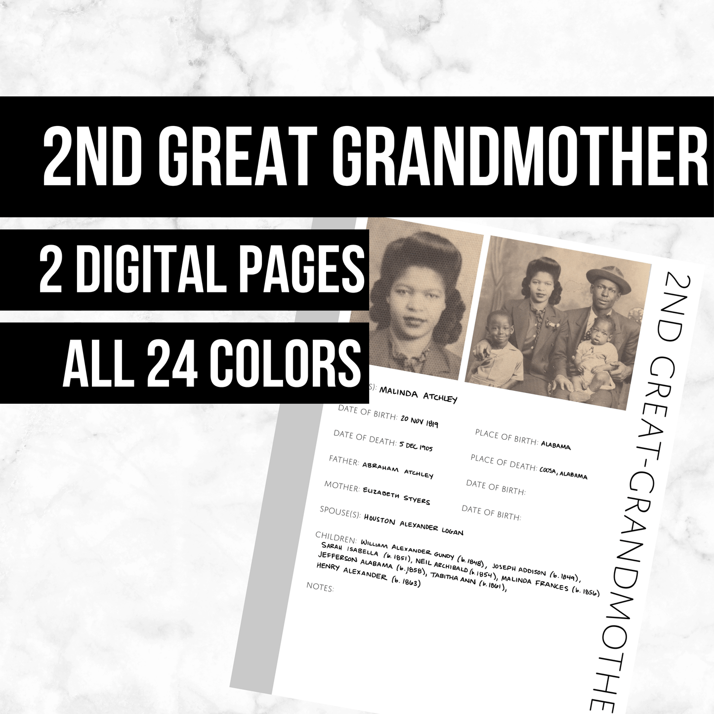 2nd Great-Grandmother: Printable Genealogy Page (Digital Download)