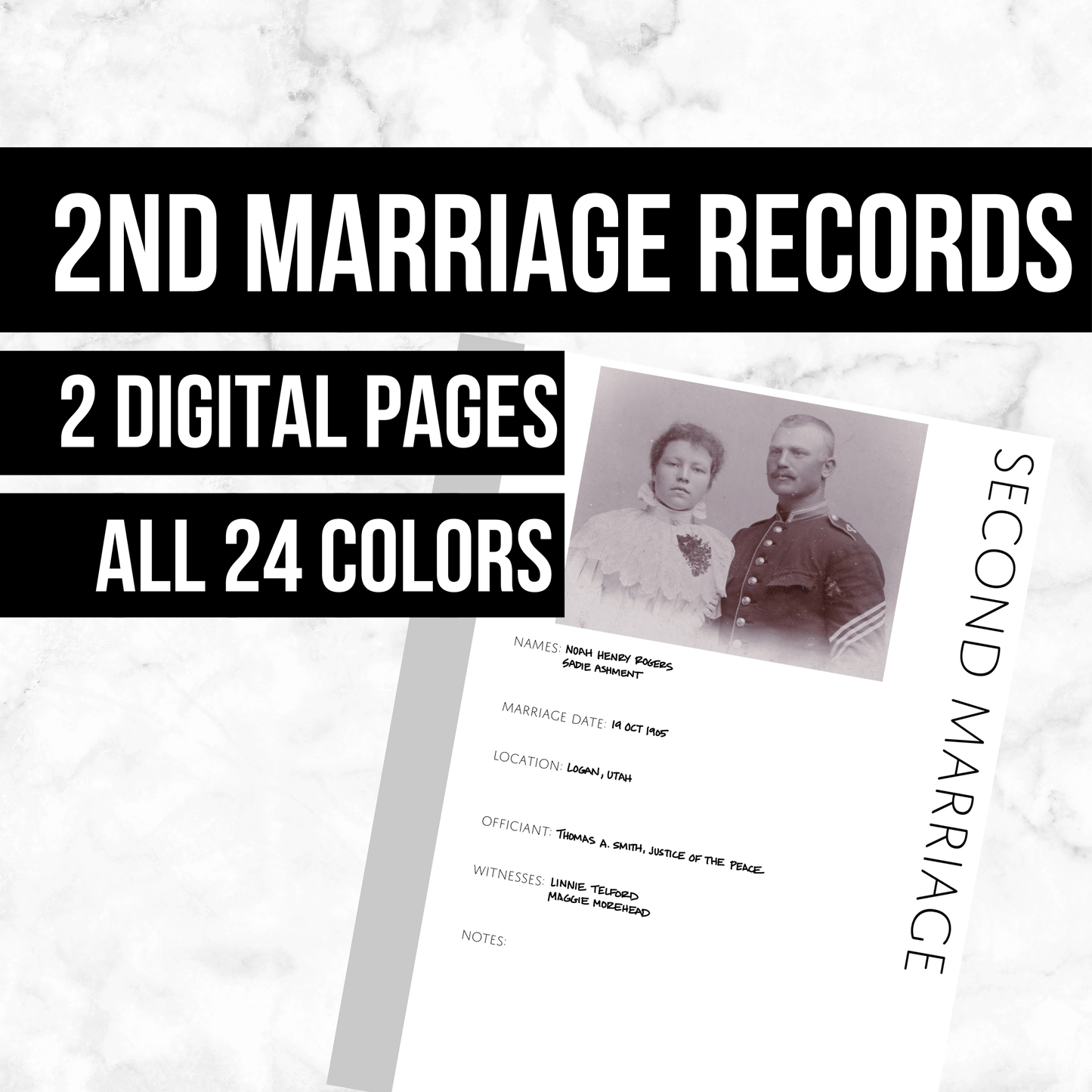 2nd Marriage Records Page: Printable Genealogy Form (Digital Download)