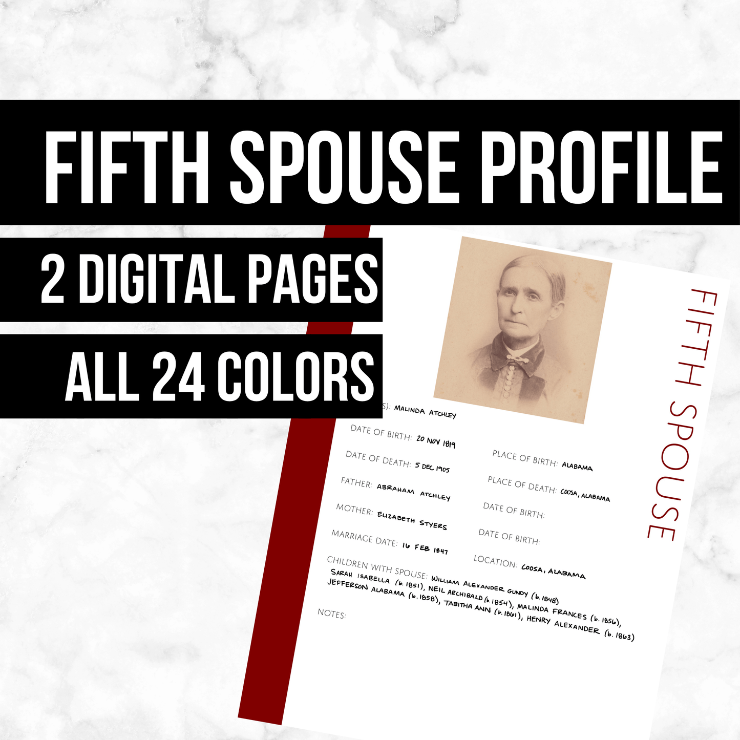 Fifth Spouse Profile Page: Printable Genealogy Form (Digital Download)