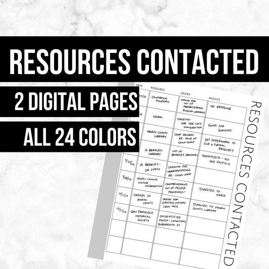 Resources Contacted: Printable Genealogy Form (Digital Download)