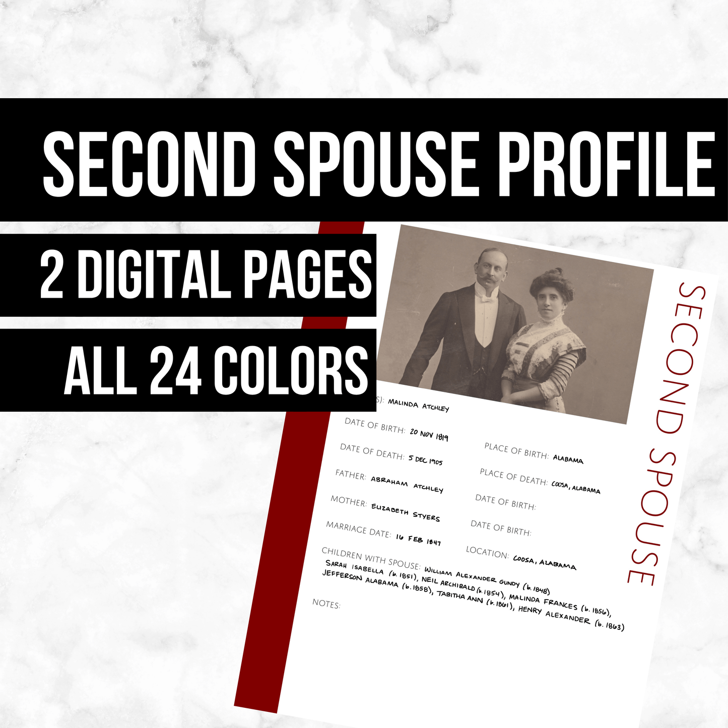 Second Spouse Profile Page: Printable Genealogy Form (Digital Download)