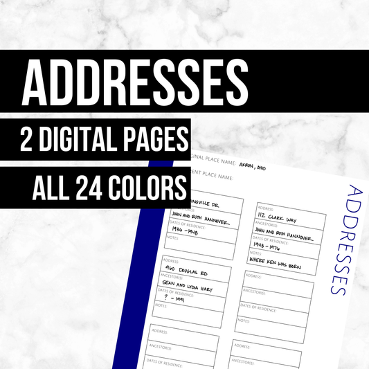 Addresses Page: Printable Ancestry Form for Genealogy (Digital Download)