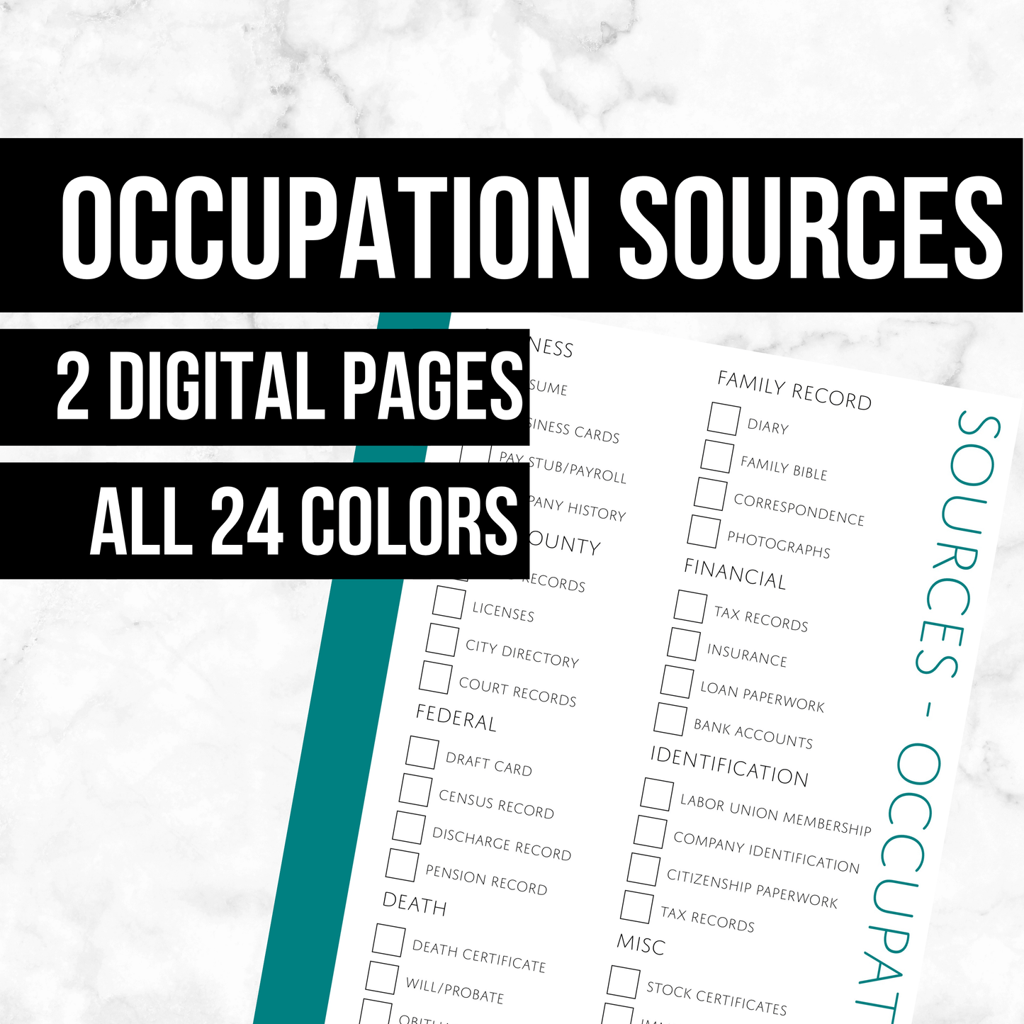 Occupation Sources Checklist: Printable Genealogy Form (Digital Download)