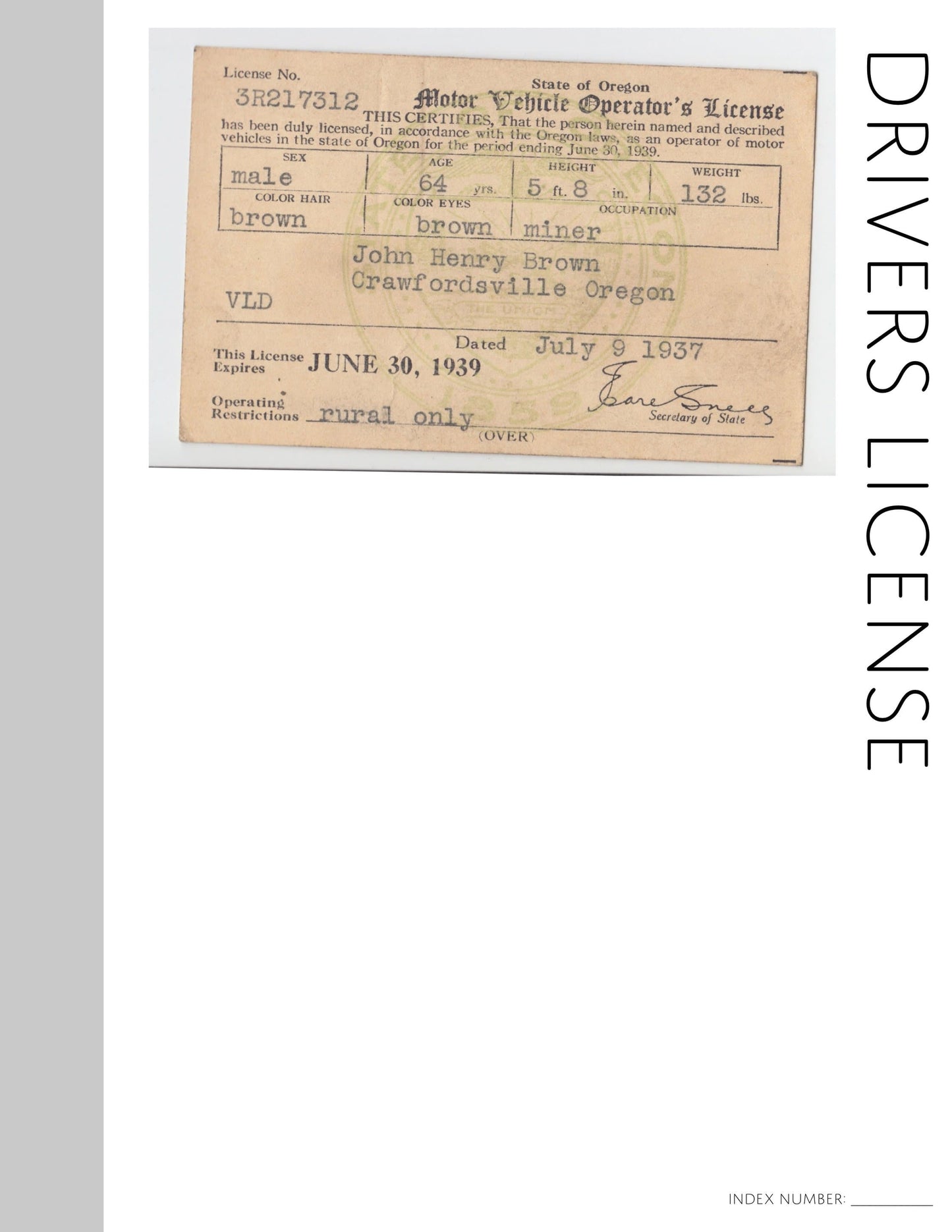 Drivers License: Printable Genealogy Form (Digital Download)