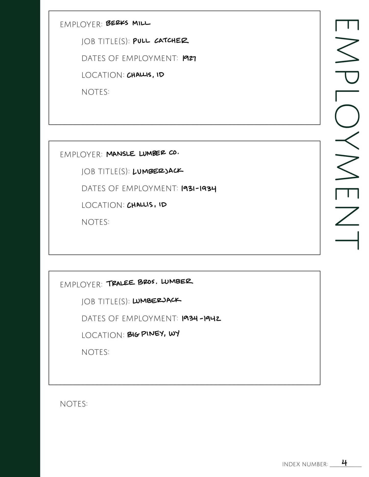 Employment: Printable Genealogy Page (Digital Download)