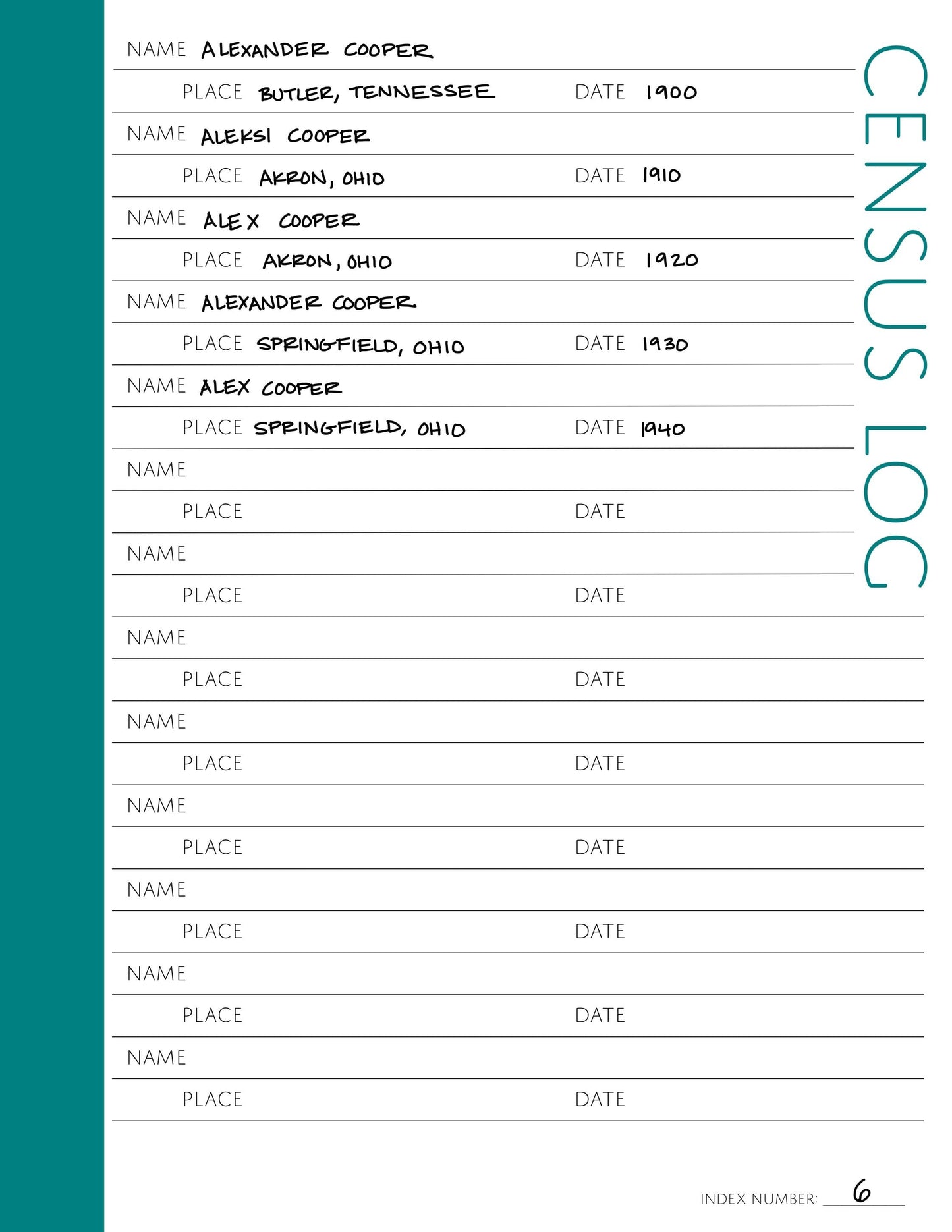 Census Log: Printable Genealogy Form (Digital Download)