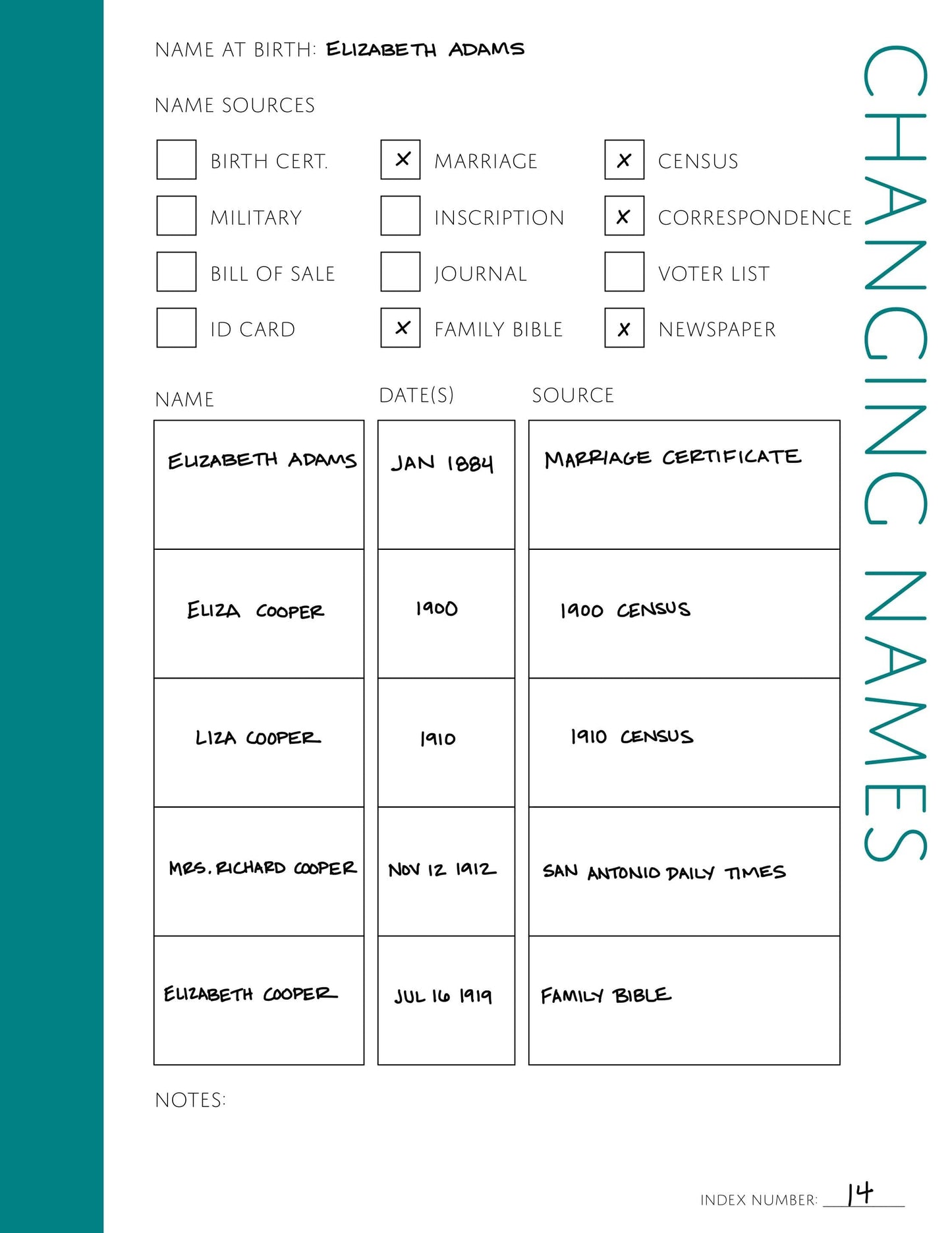 Changing Names Page: Printable Genealogy Form (Digital Download)