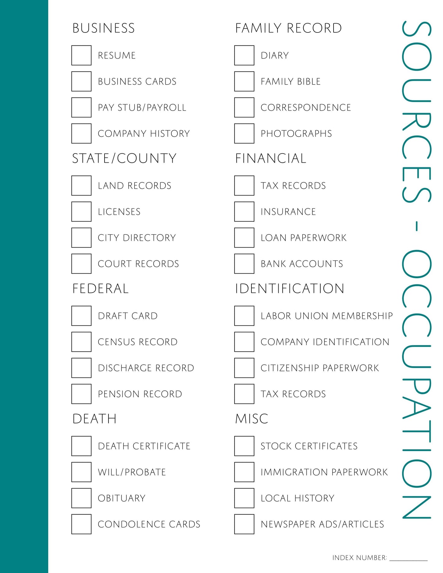 Occupation Sources Checklist: Printable Genealogy Form (Digital Download)
