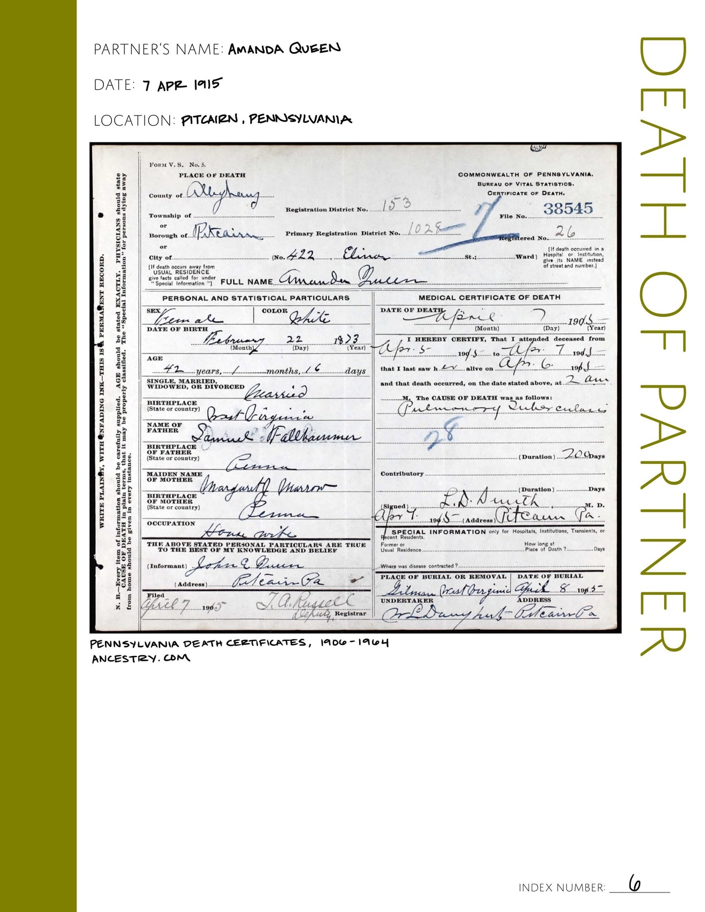 Death of Partner: Printable Genealogy Form (Digital Download)